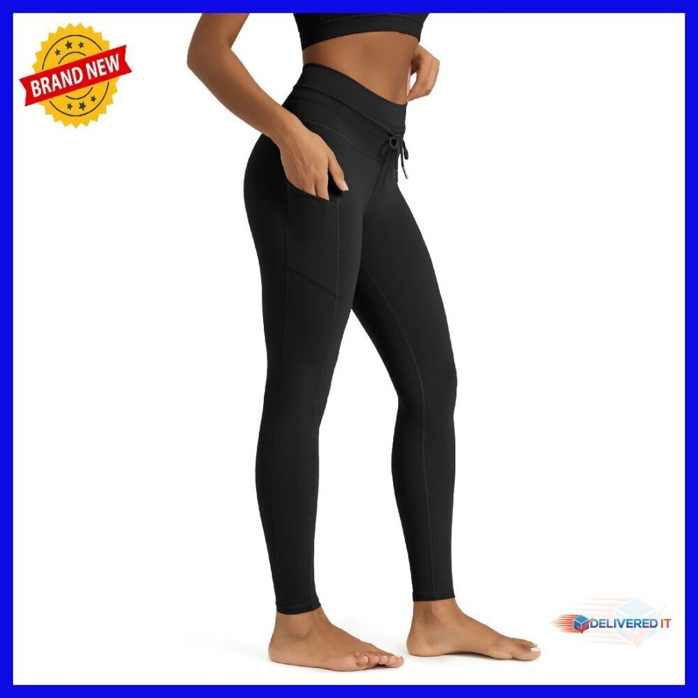 High Waist Pocket Leggings 28" Inseam Yoga Workout Pants Drawstring